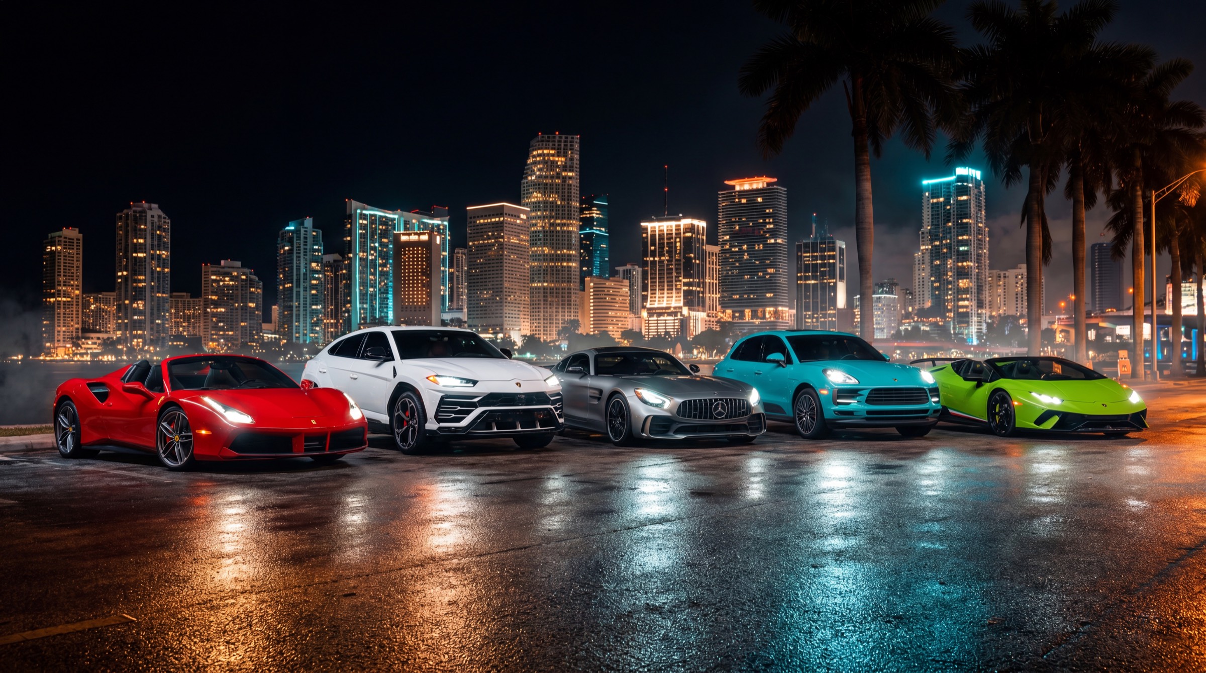 Flota de autos exóticos TrueX de noche en Brickell, Miami